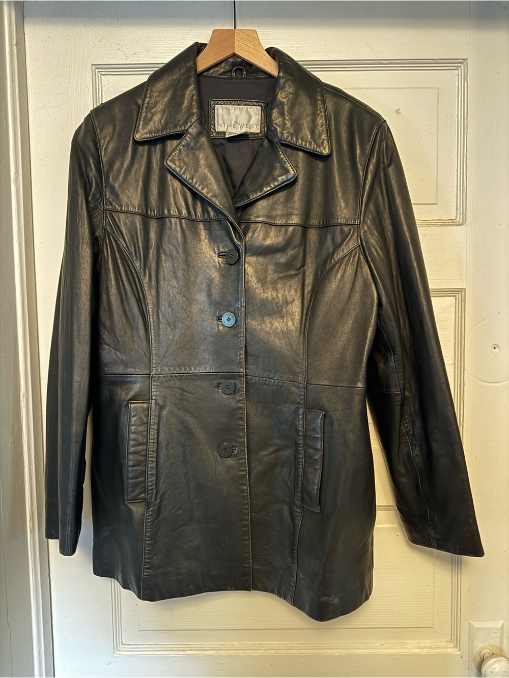 Vintage Nine West Black Leather Button-Front Jacket